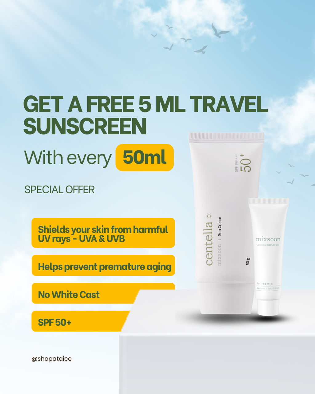 Mixsoon Centella Sun cream - 50ml + Free 5ml